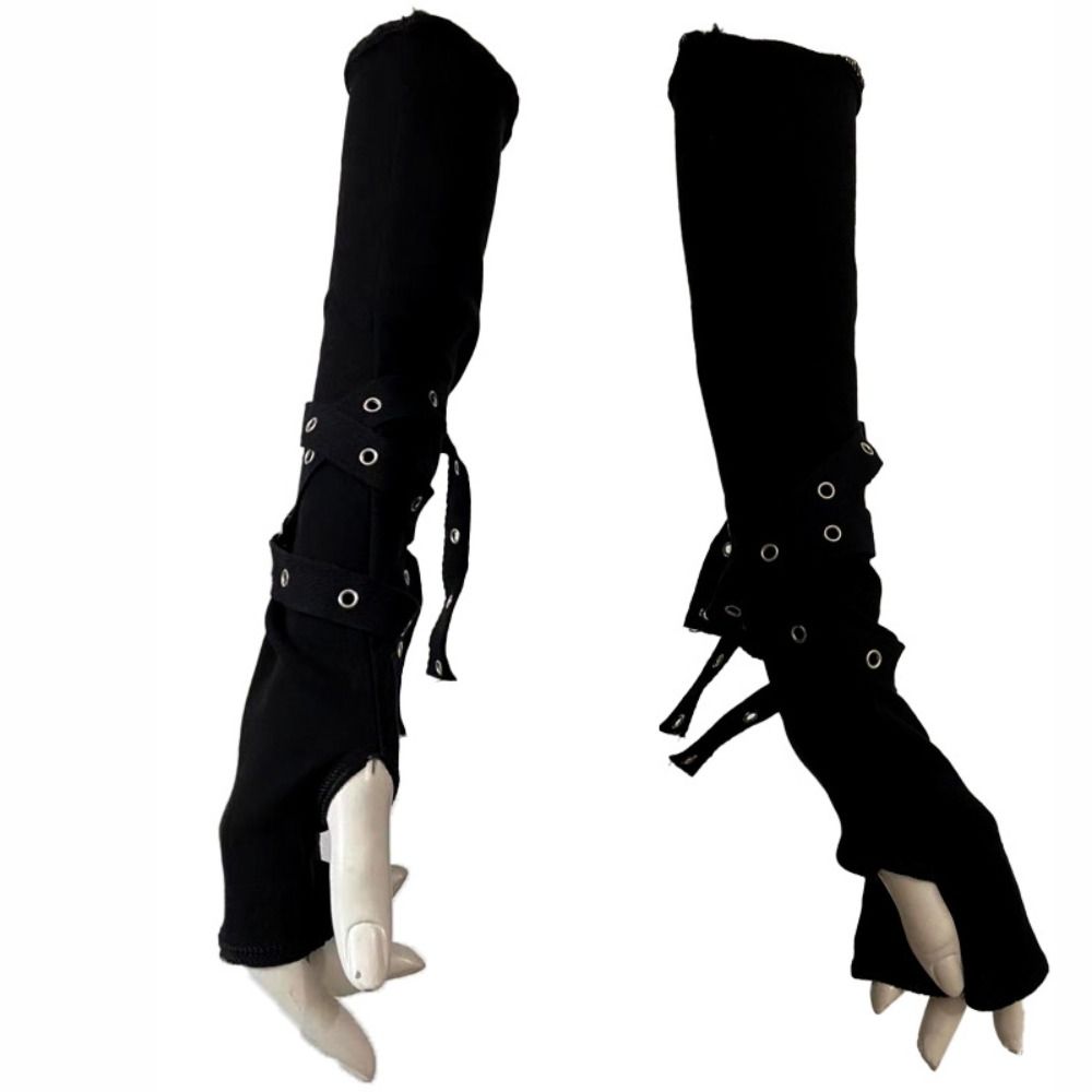 Cycling Arm Warmers - ปลอกแขนกันแดดสไตล์โกธิคแบบครึ่งนิ้ว สำหรับทุกเพศ ดีไซน์เท่ห์ สีดำ พร้อมหัวเข็มขัด ถุงมือพังก์
