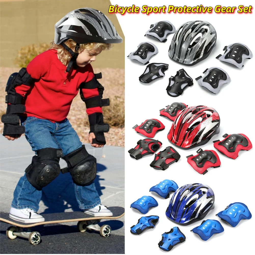 Cycling Gear Helmet - ชุดอุปกรณ์ป้องกันสำหรับกีฬาจักรยาน 7 ชิ้น ชุดหมวกนิรภัยสำหรับเด็กแบบปรับได้ ขนาด 48-55